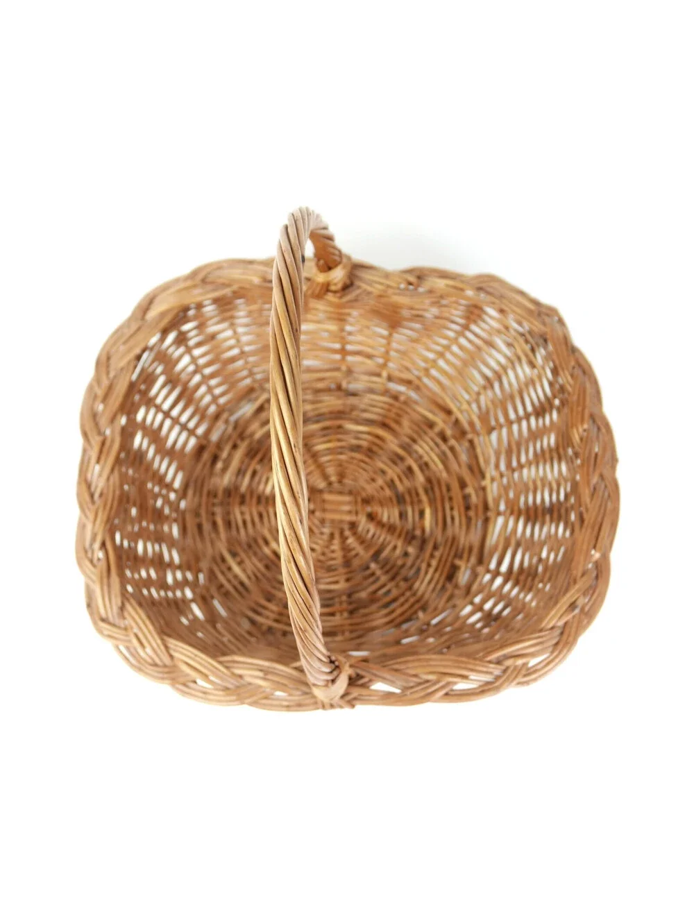 Vintage Wicker Gathering Basket Braided Woven Harvest Handle Mid-Century 12